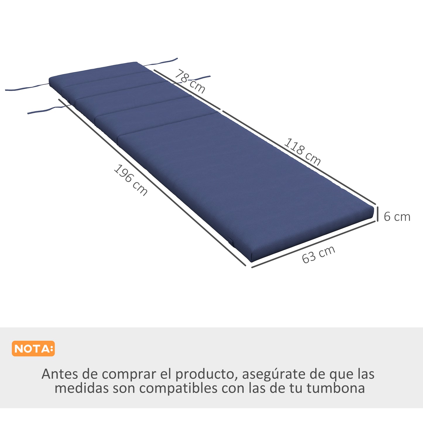 Outsunny Cojín Para Tumbona 196x63x6 Cm De Algodón Azul Oscuro_2