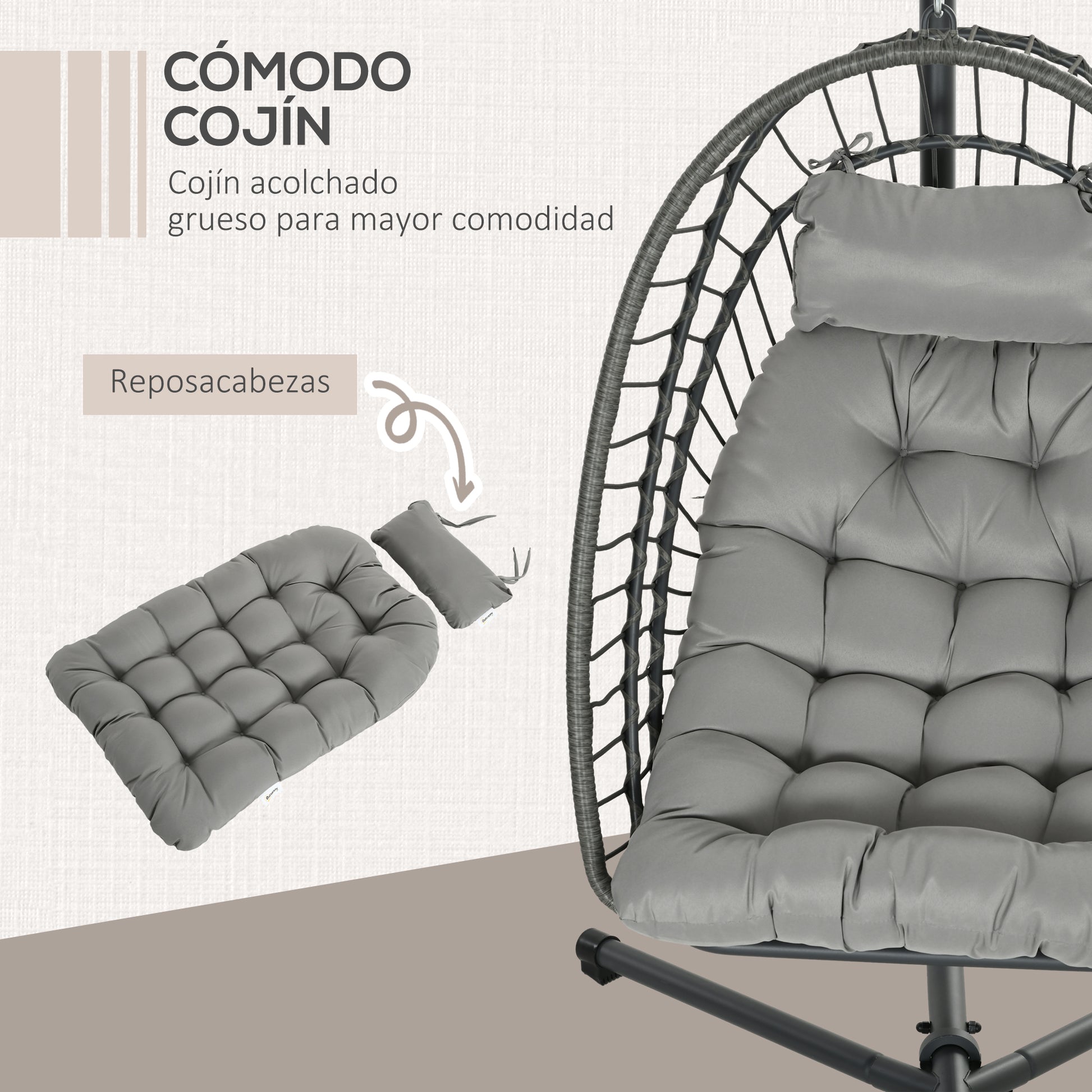 Outsunny Silla Colgante De Ratán Con Cojín Reposacabezas Gris Oscuro_5