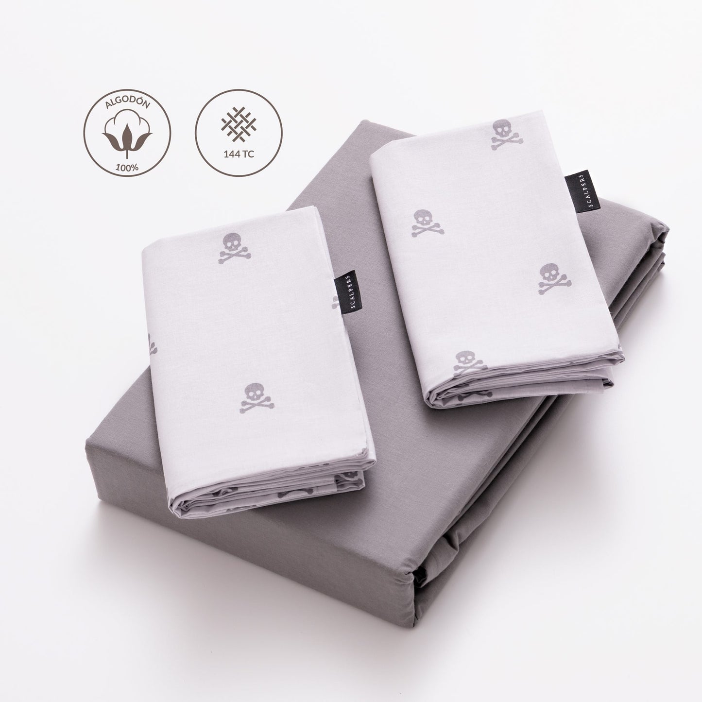 Set Cama (funda Nórdica 250x230cm + 2 Fundas Almohada 50x85cm) 100% Algodón 144tc Gris Oscuro & Gris Claro Calaveras Scalpers Home