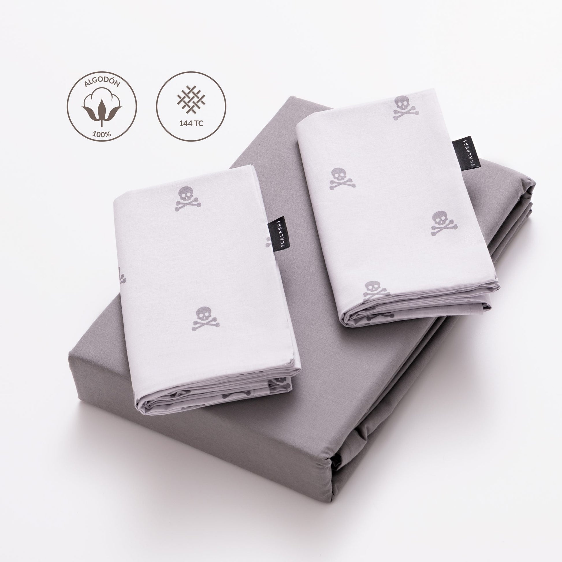 Set Cama (funda Nórdica 250x230cm + 2 Fundas Almohada 50x85cm) 100% Algodón 144tc Gris Oscuro & Gris Claro Calaveras Scalpers Home