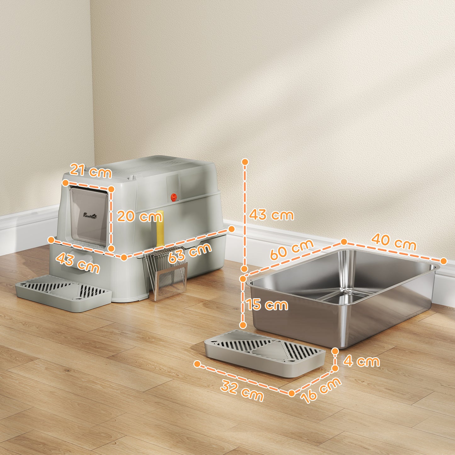 Pawhut Arenero Para Gatos De Acero Inoxidable Xl Con Tapa Abatible 180° Gris_2