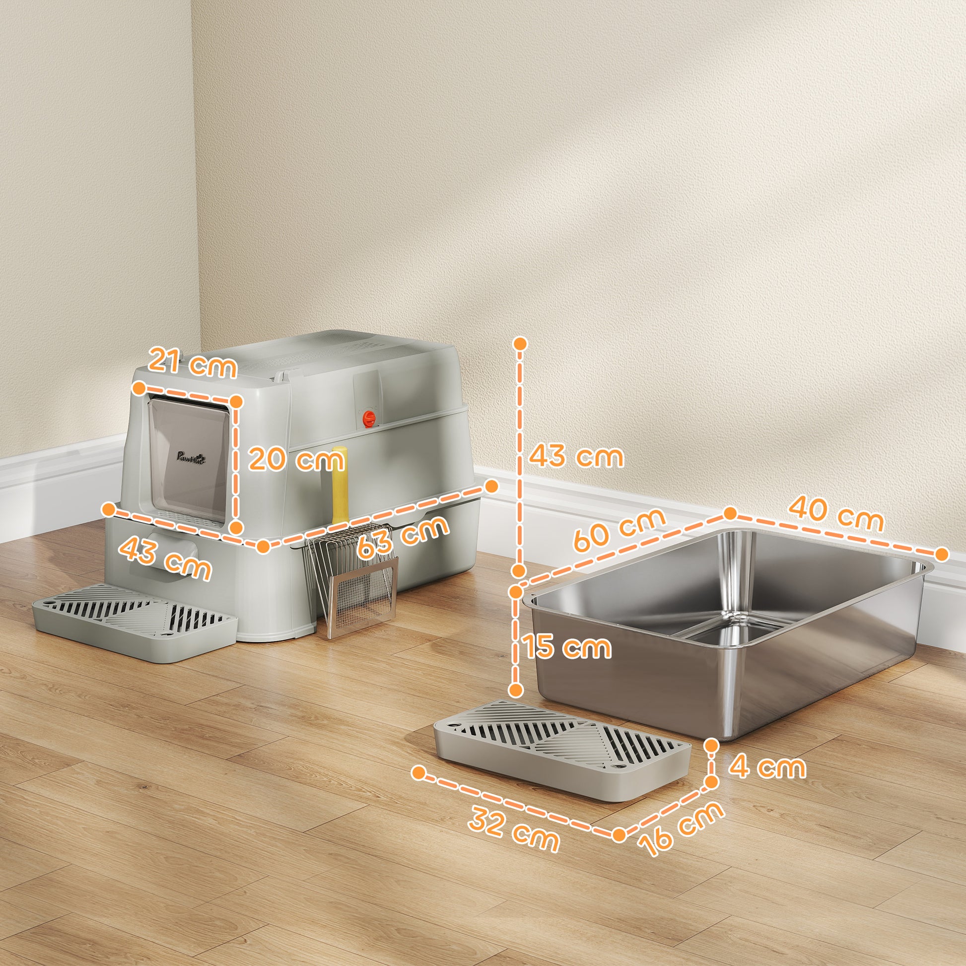 Pawhut Arenero Para Gatos De Acero Inoxidable Xl Con Tapa Abatible 180° Gris_2