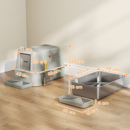 Pawhut Arenero Para Gatos De Acero Inoxidable Xl Con Tapa Abatible 180° Gris_2