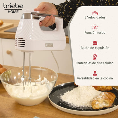 Briebe Batidora De Varillas Eléctrica 400w Amasadora De Mano Especial Repostería 5 Velocidades + Turbo, Hm1174wht,blanco_1