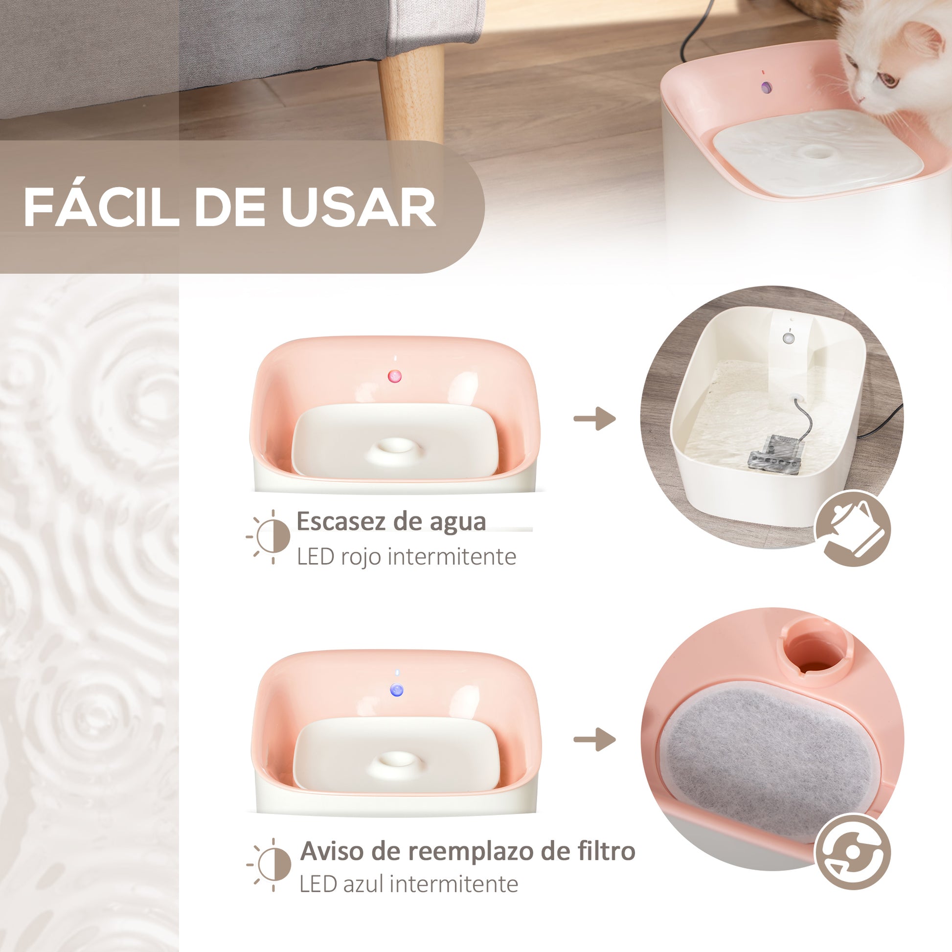 Pawhut Fuente De Agua Para Gatos 3l Con Sensor Infrarrojos 3 Modos Luz Led Rosa_5