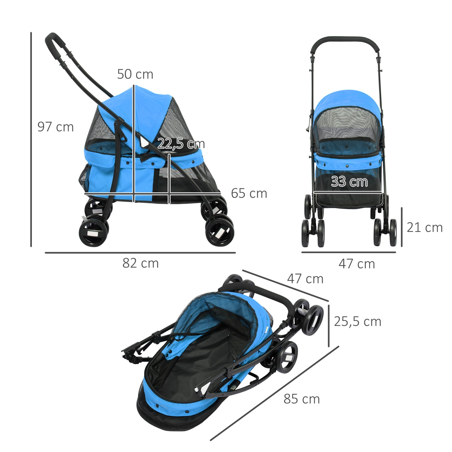 Pawhut Carrito Para Perros Plegable Con Ventanas De Malla Cojín Lavable Azul_2