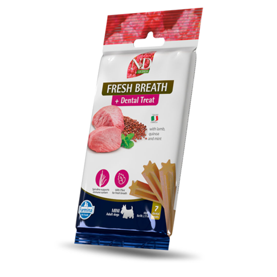 N&D Quinoa Canine Dental Treat Fresh Breath razas mini 60g 7 ud