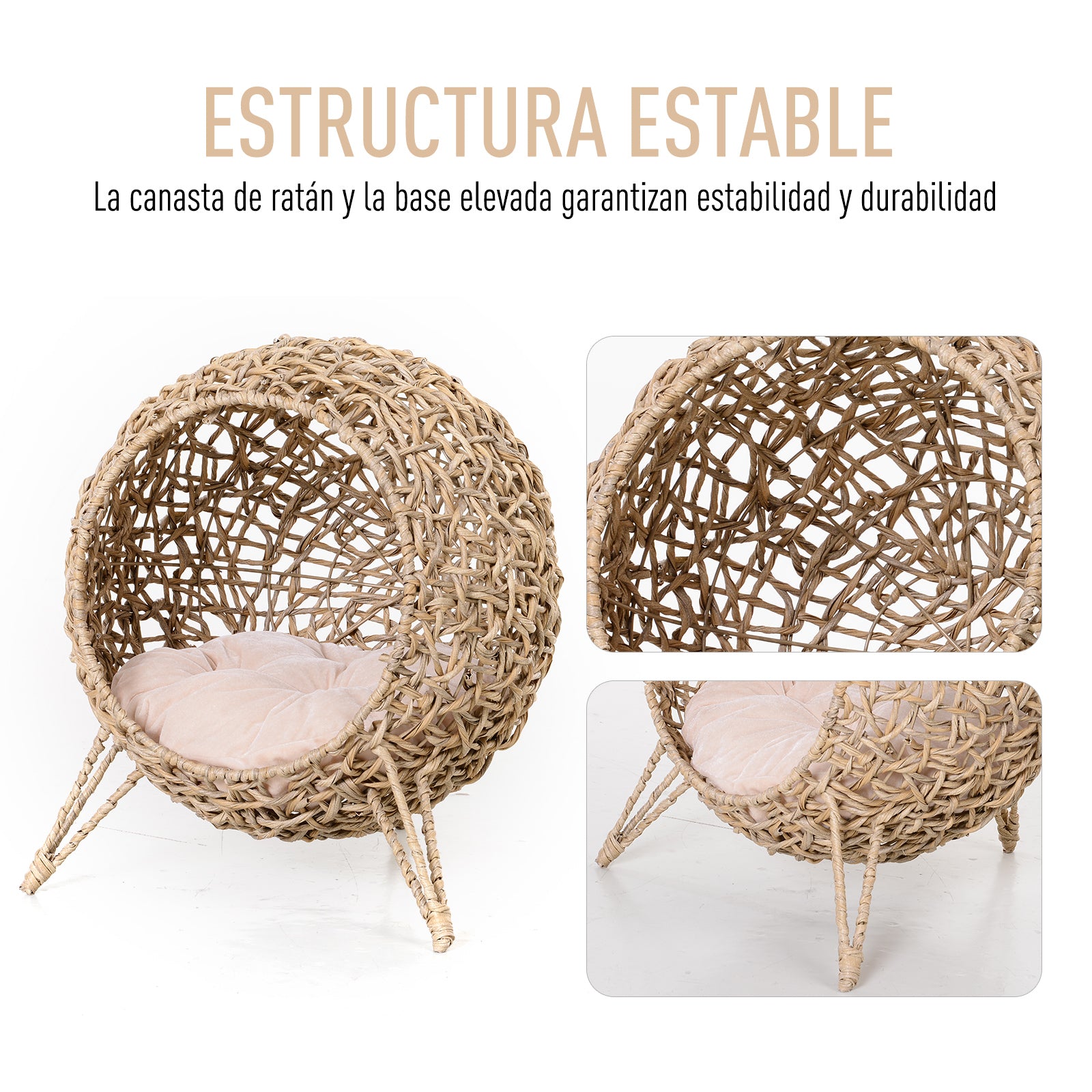 Pawhut Cueva De Ratán Con Cojín Para Gatos Base Elevada Con 3 Patas Φ52x58 Cm_4