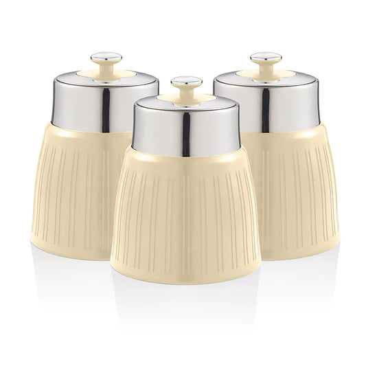 Set 3 Botes Cocina Almacenaje 1,2 L, Plástico Y Acero Inox, Especias, Té ,café, Retro, Vintage Swan Swka1024cn, Crema_0