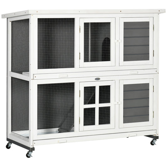 Pawhut Conejera De Madera De 2 Niveles Con Ruedas Y Techo Blanco Y Gris_0