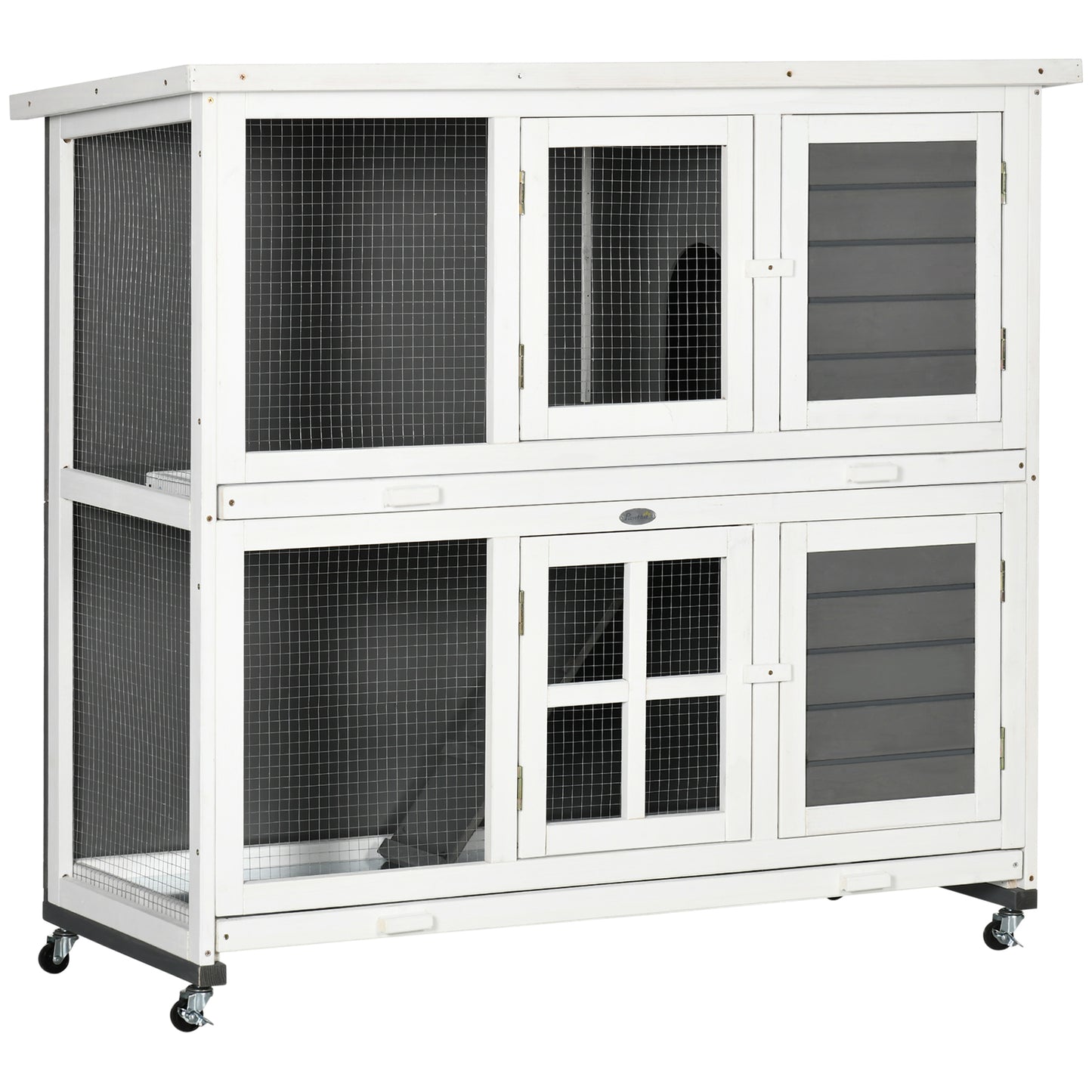 Pawhut Conejera De Madera De 2 Niveles Con Ruedas Y Techo Blanco Y Gris_0