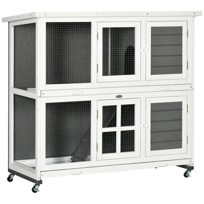 Pawhut Conejera De Madera De 2 Niveles Con Ruedas Y Techo Blanco Y Gris_0
