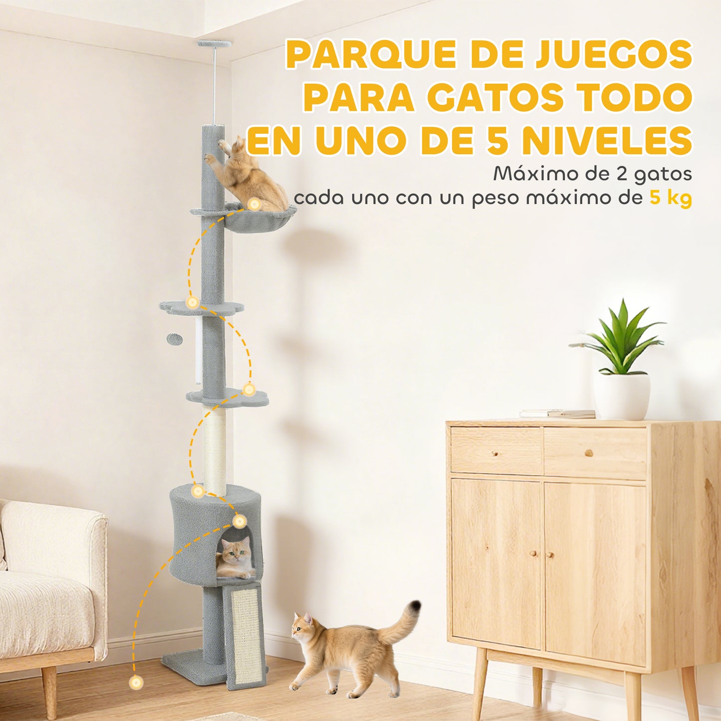 Pawhut Árbol Para Gatos De Suelo A Techo Altura Ajustable 220-240 Cm Gris Claro_5