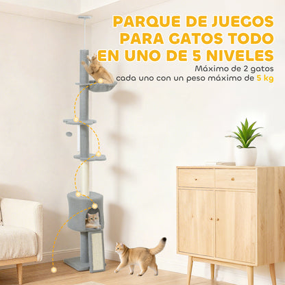 Pawhut Árbol Para Gatos De Suelo A Techo Altura Ajustable 220-240 Cm Gris Claro_5