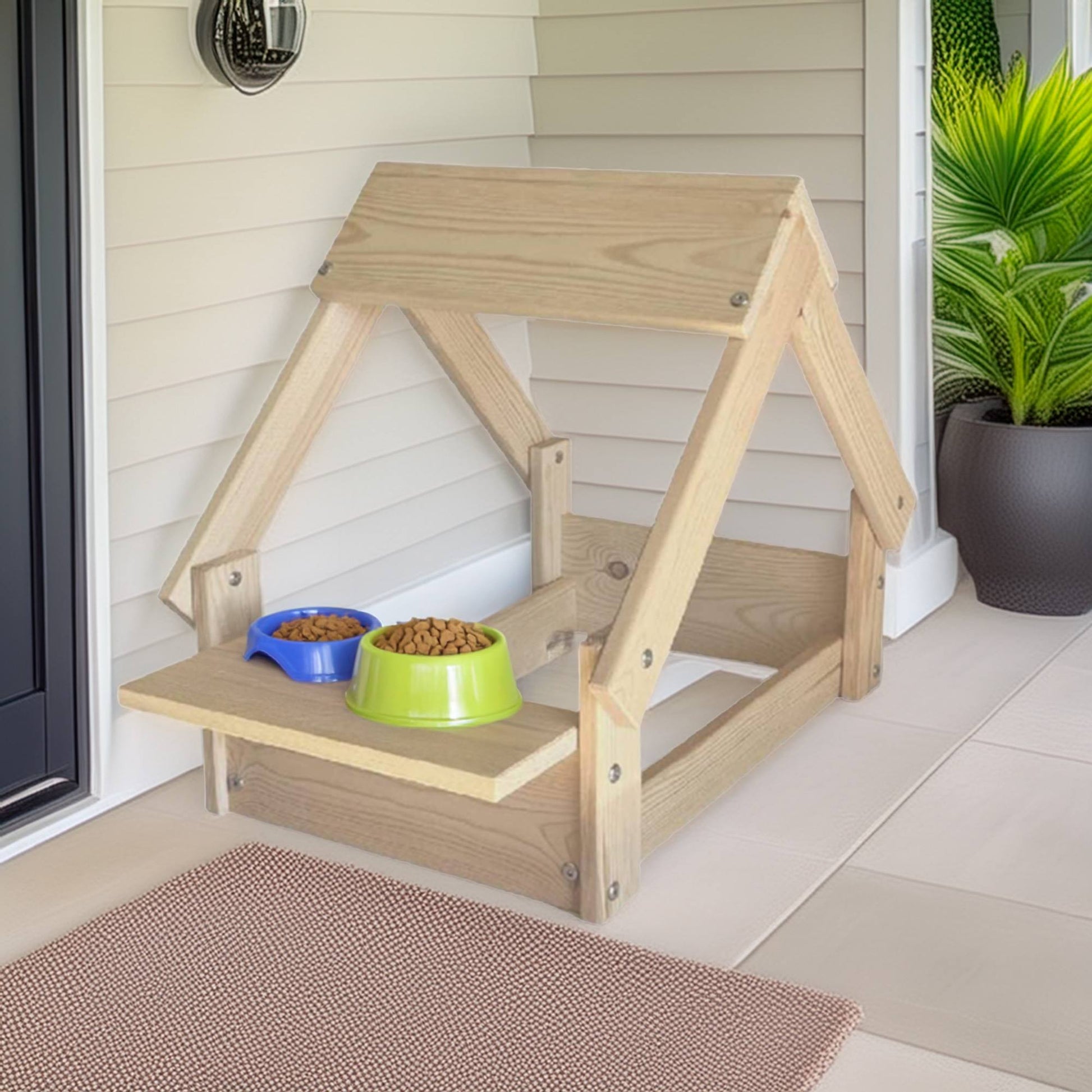 Well Home Caseta Para Perros De Interior, Estructura De Madera Con Soporte Para Cuencos Color Madera_4