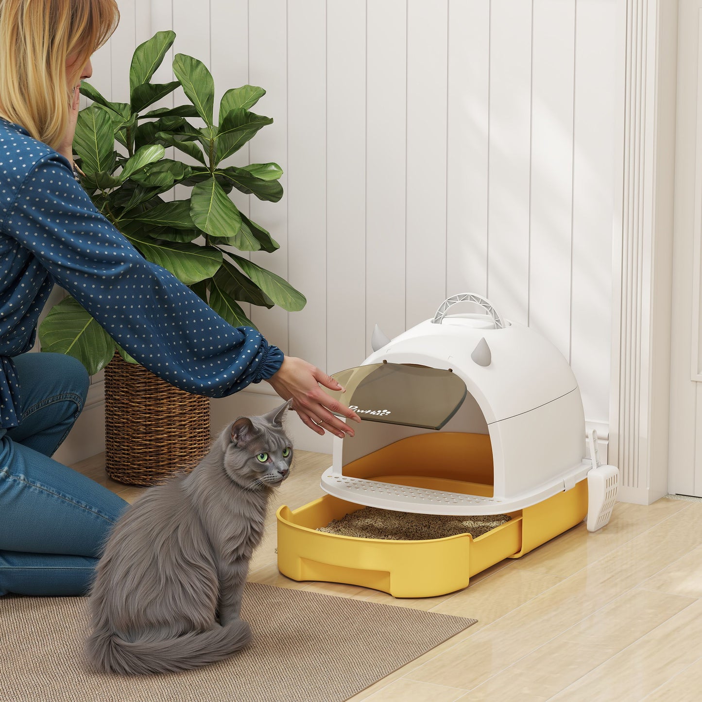 Pawhut Arenero Para Gatos Cubierto Con Bandeja Pala Y Asa Amarillo Y Blanco_1