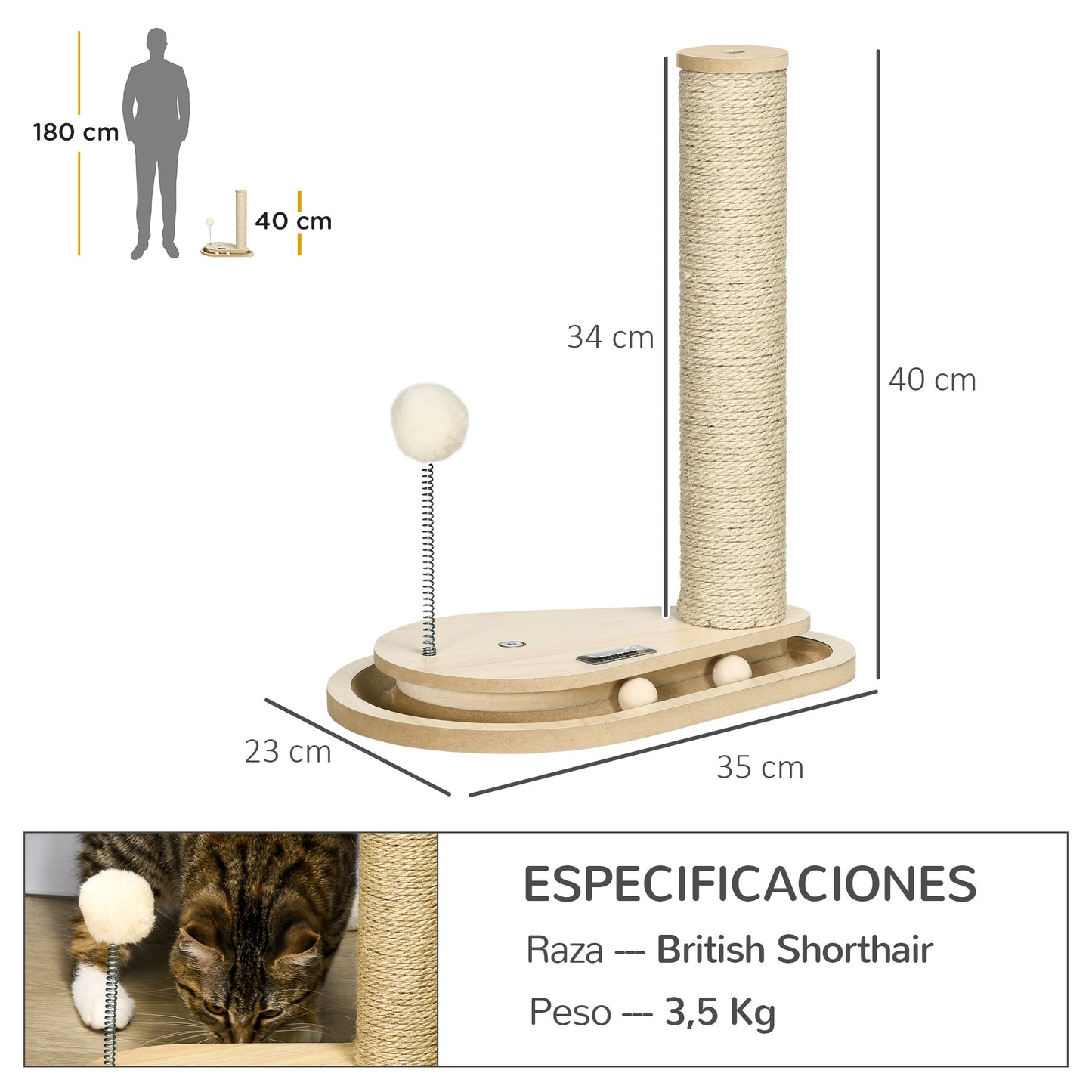 Pawhut Árbol Rascador Para Gatos 40 Cm Con Poste De Rascador 35x23x40 Cm Roble_2