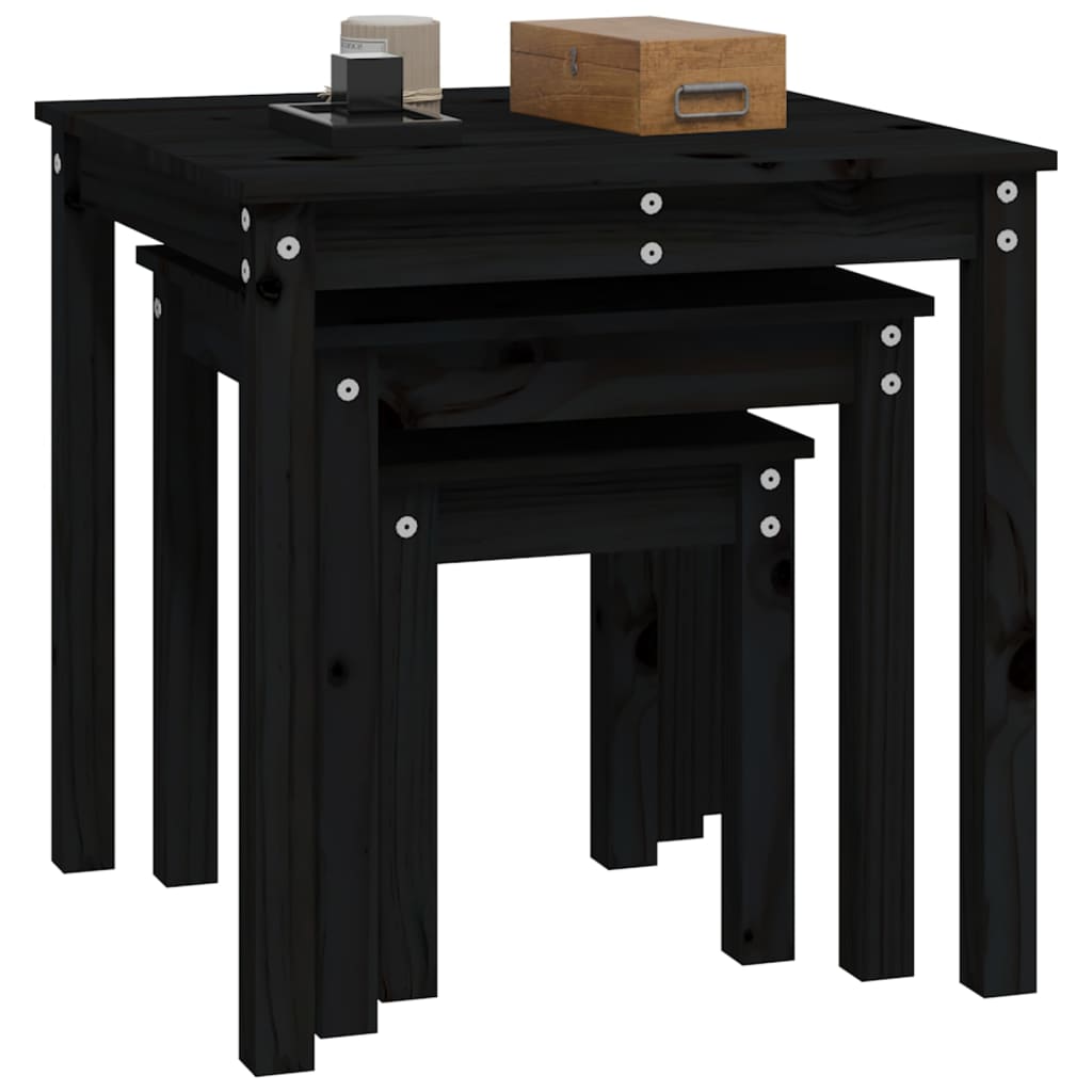 Mesas Apilables 3 Piezas Madera Maciza De Pino Negro_3