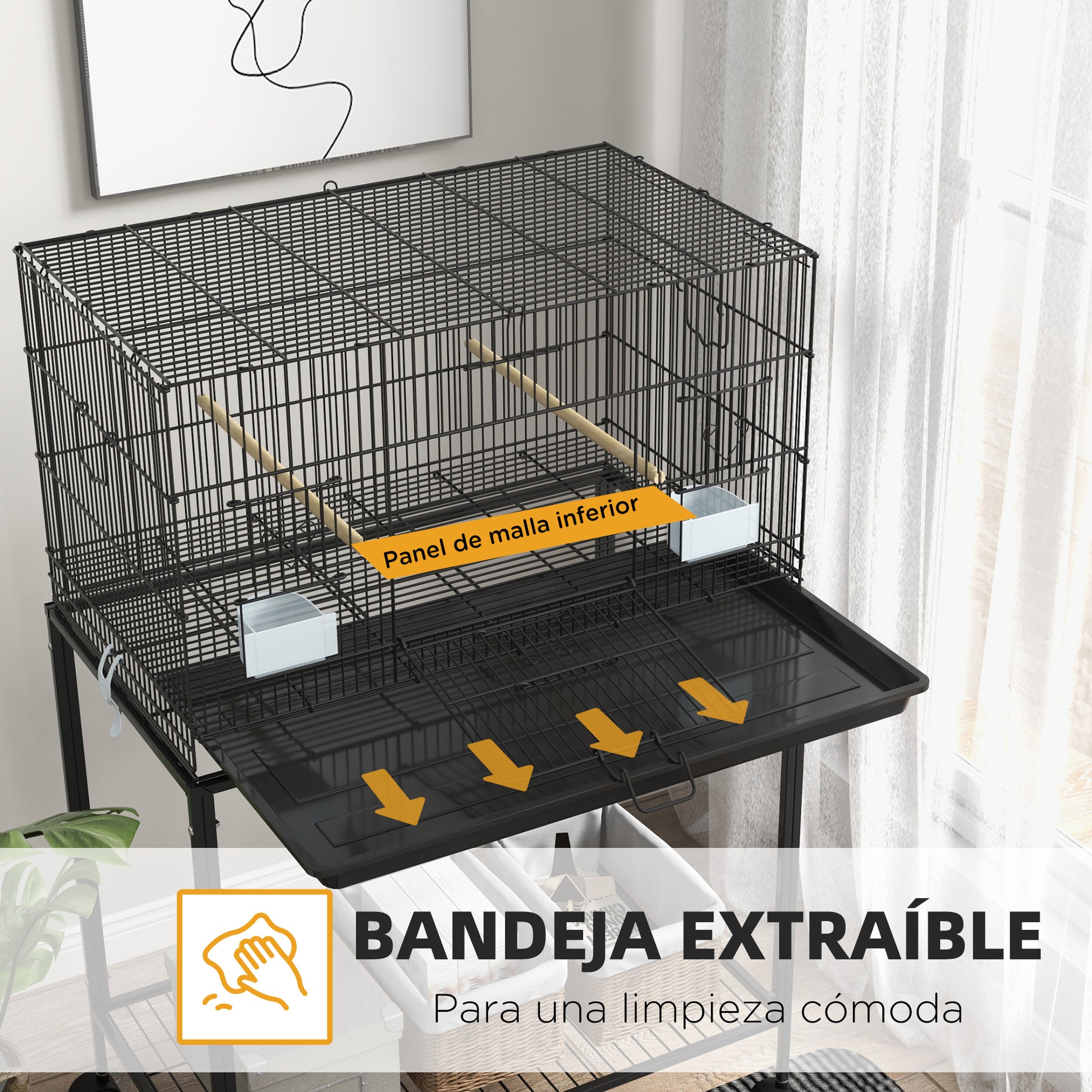 Pawhut Jaula Para Pájaros Con Ruedas 77x46x119 Cm Con Bandeja Extraíble Negro_3