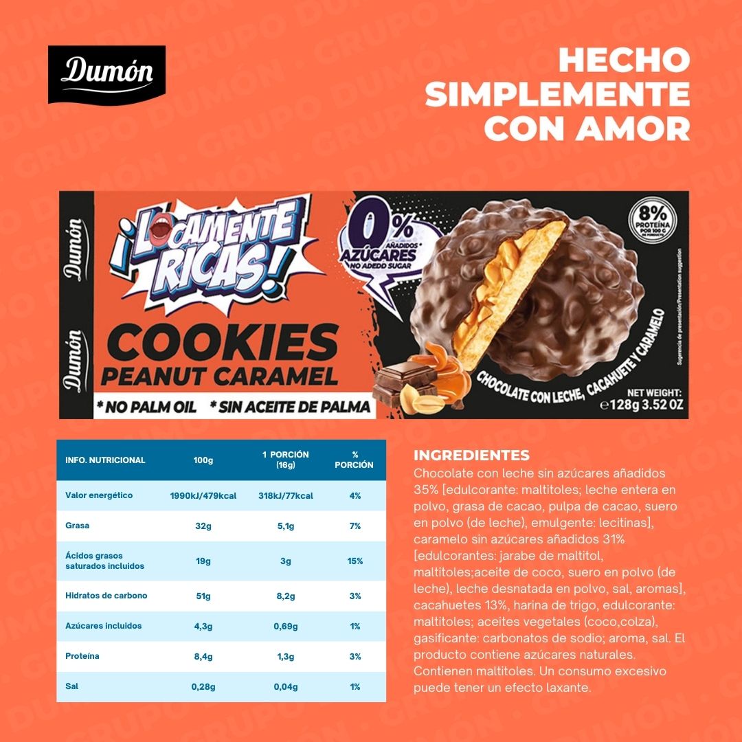 Galletas De Chocolate Con Leche, Cacahuete Y Caramelo, 128g - Dumón, Sin Azúcares Añadidos- Pack De 14 Unidades_3