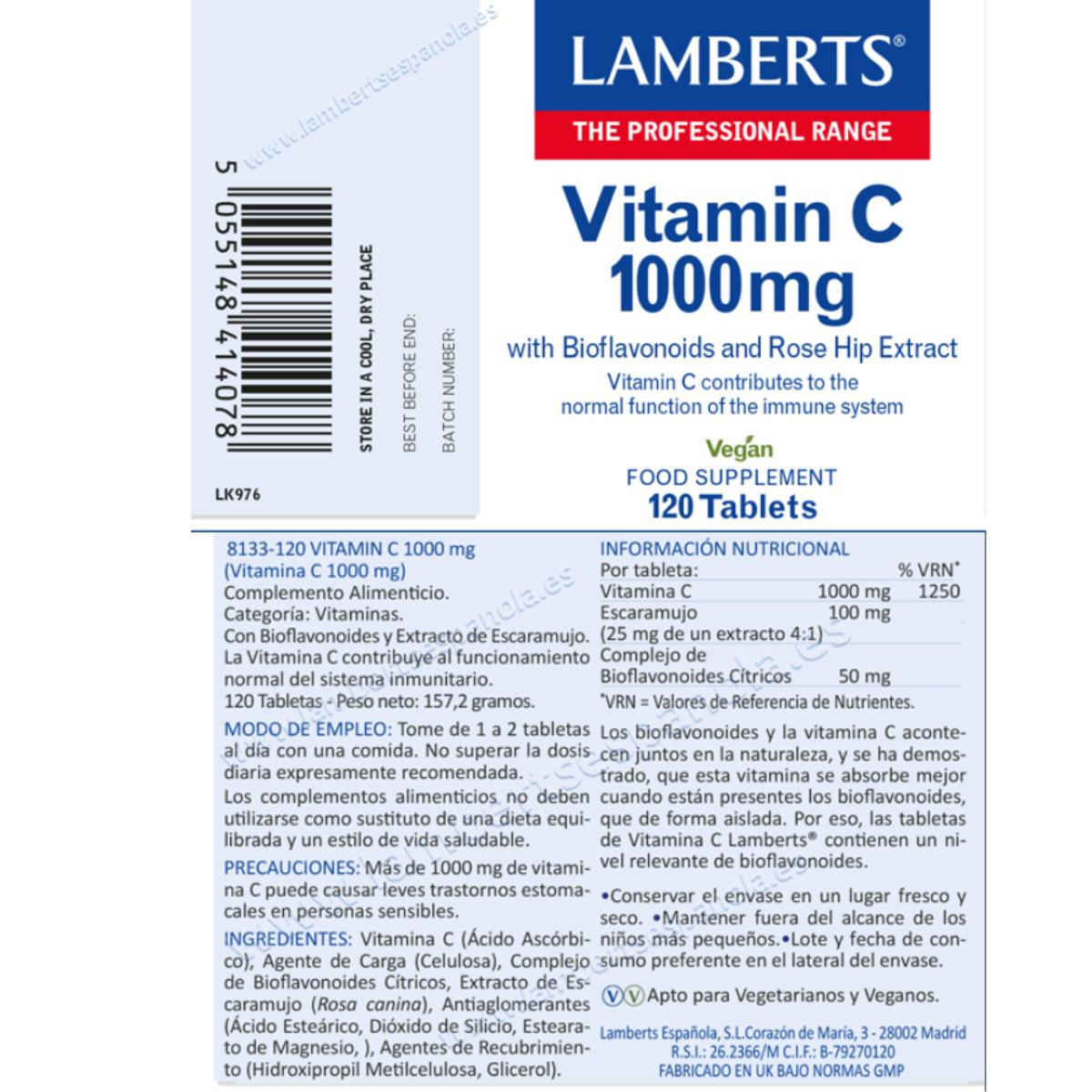 Vitamina C 1000 mg con bioflavonoides y escaramujo 120 tabletas Lamberts