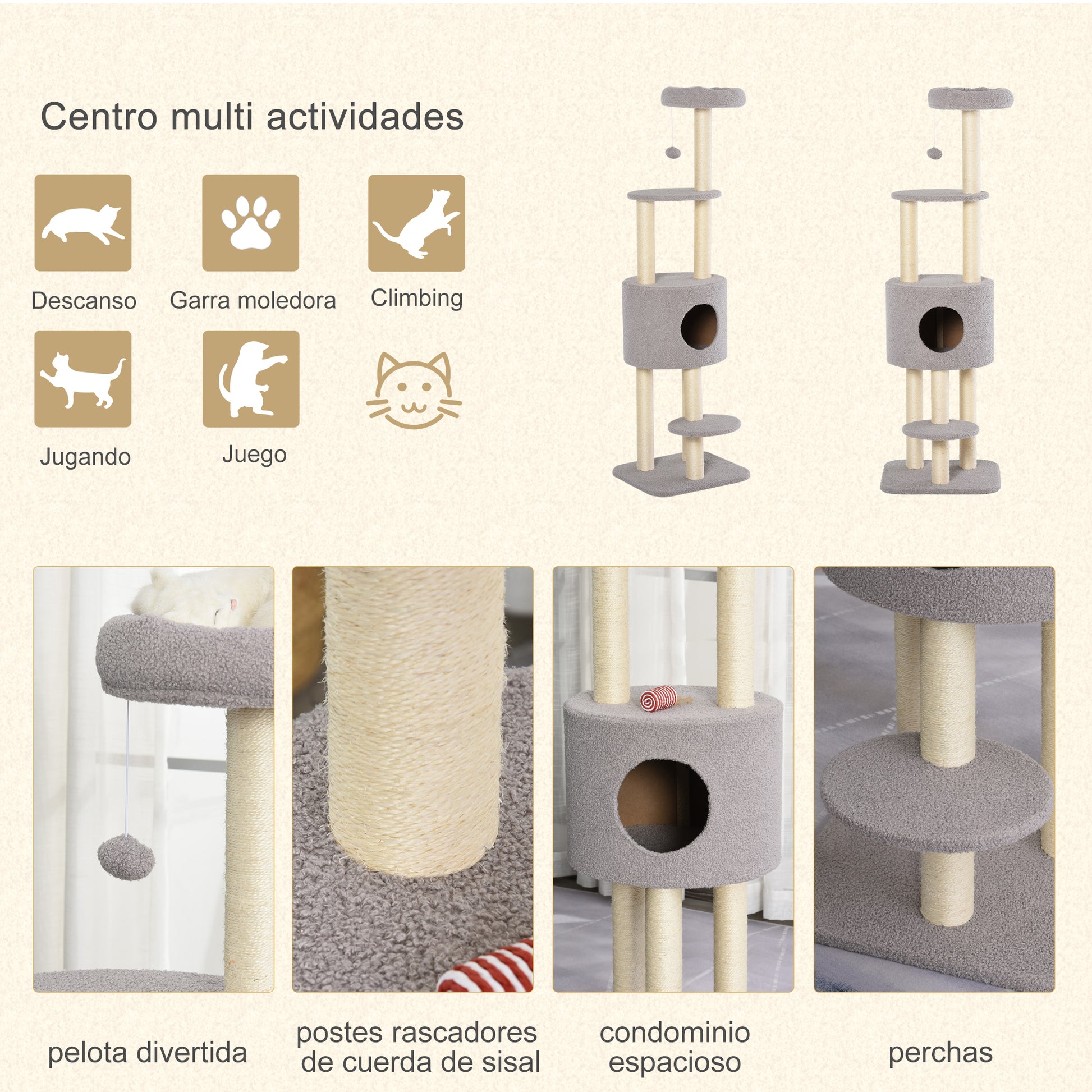 Pawhut Árbol Para Gatos Altura 148 Cm Con Postes De Sisal Y 3 Plataformas Gris_4