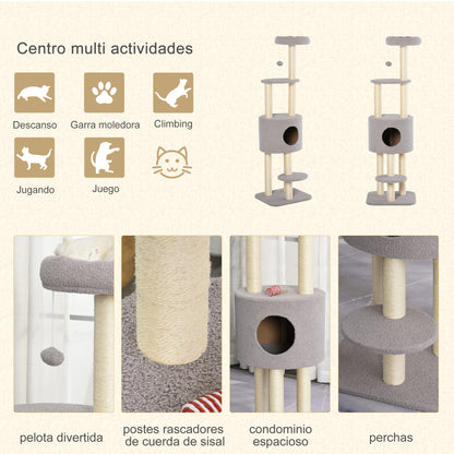 Pawhut Árbol Para Gatos Altura 148 Cm Con Postes De Sisal Y 3 Plataformas Gris_4