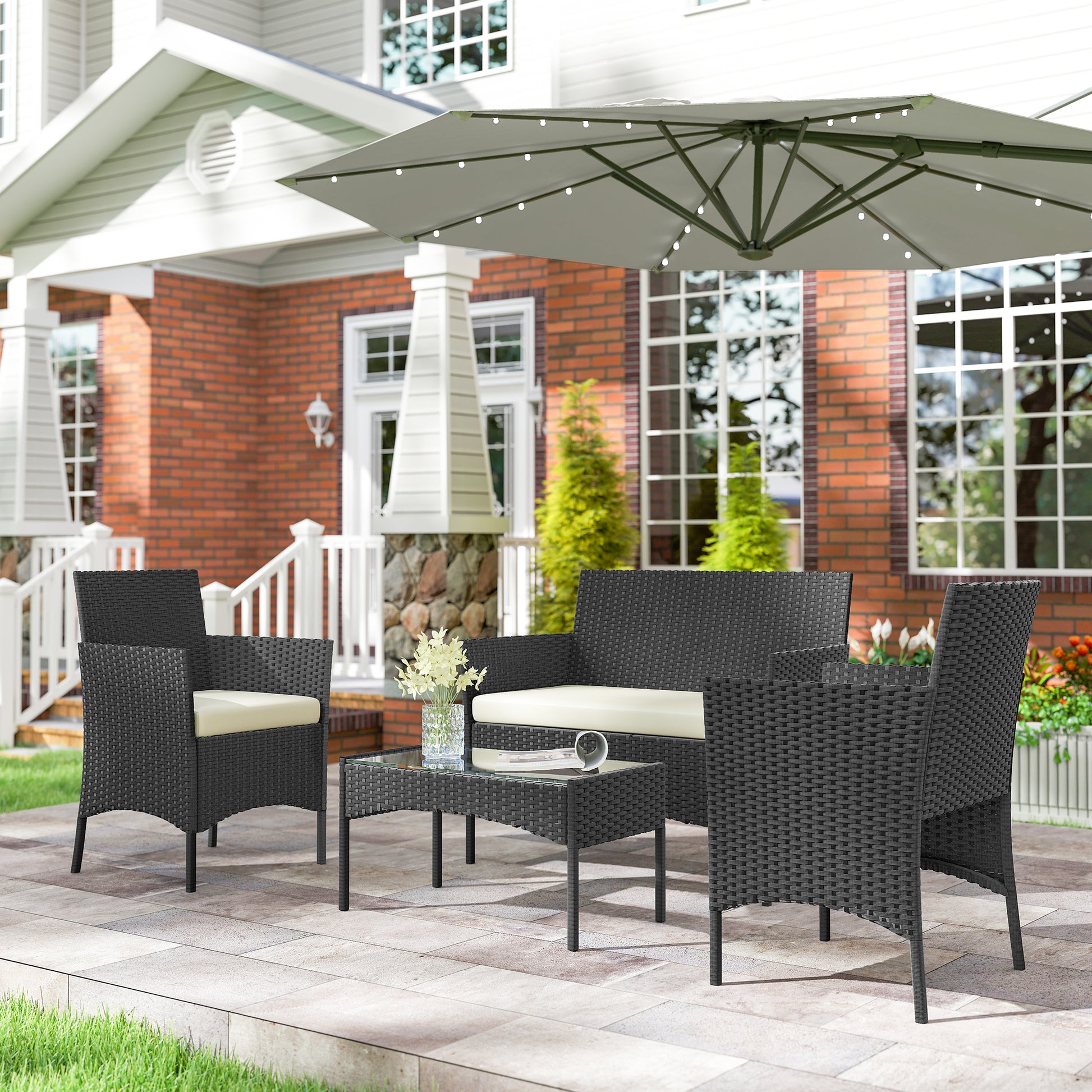 Outsunny Conjunto Jardín Exterior De Ratán Sintético Con Cojines Negro Y Crema_1