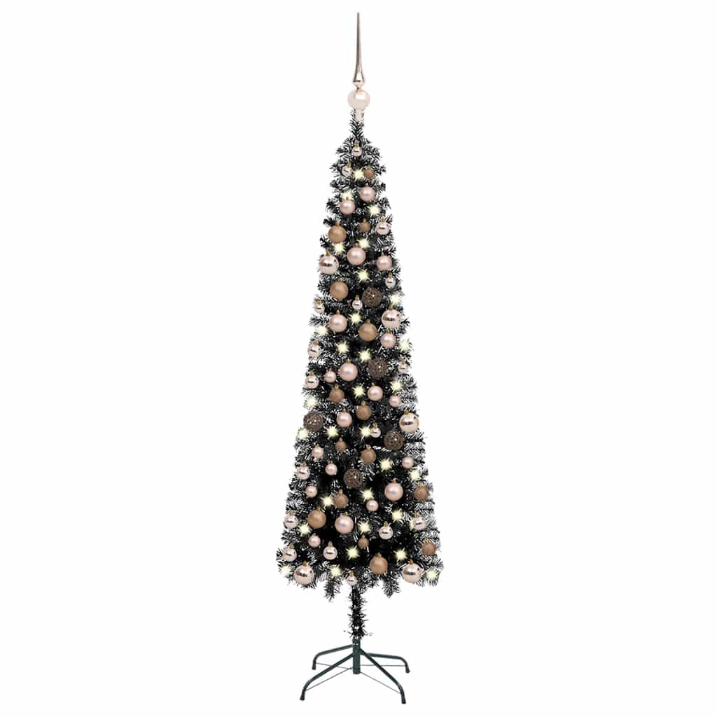 Vidaxl Árbol De Navidad Delgado Con Luces Y Bolas Negro 210 Cm_0
