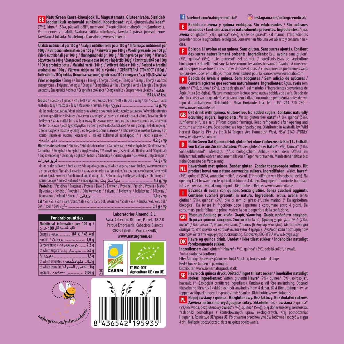 Bebida de Avena y Quinoa Bio Sin Gluten NaturGreen 1 L