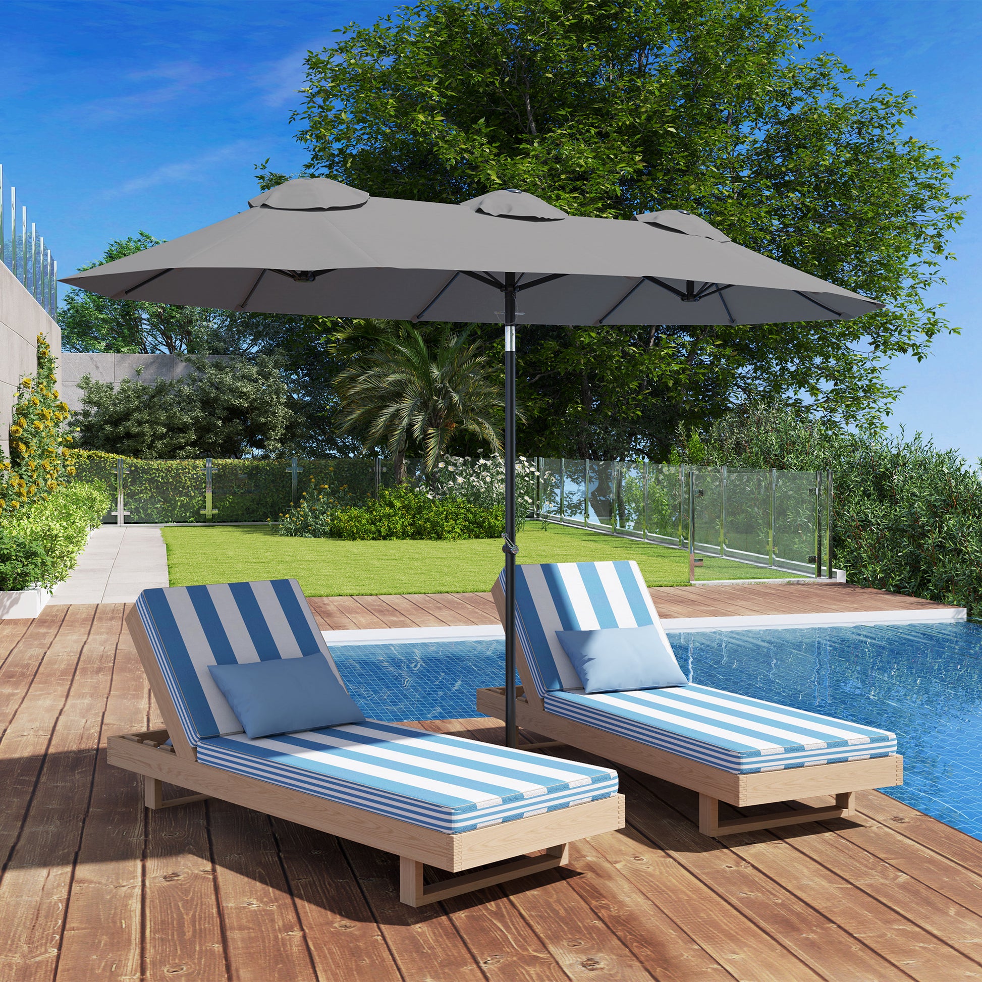 Outsunny Sombrilla Doble 3x1,5m Con Inclinación De 45° Manivela Gris_1