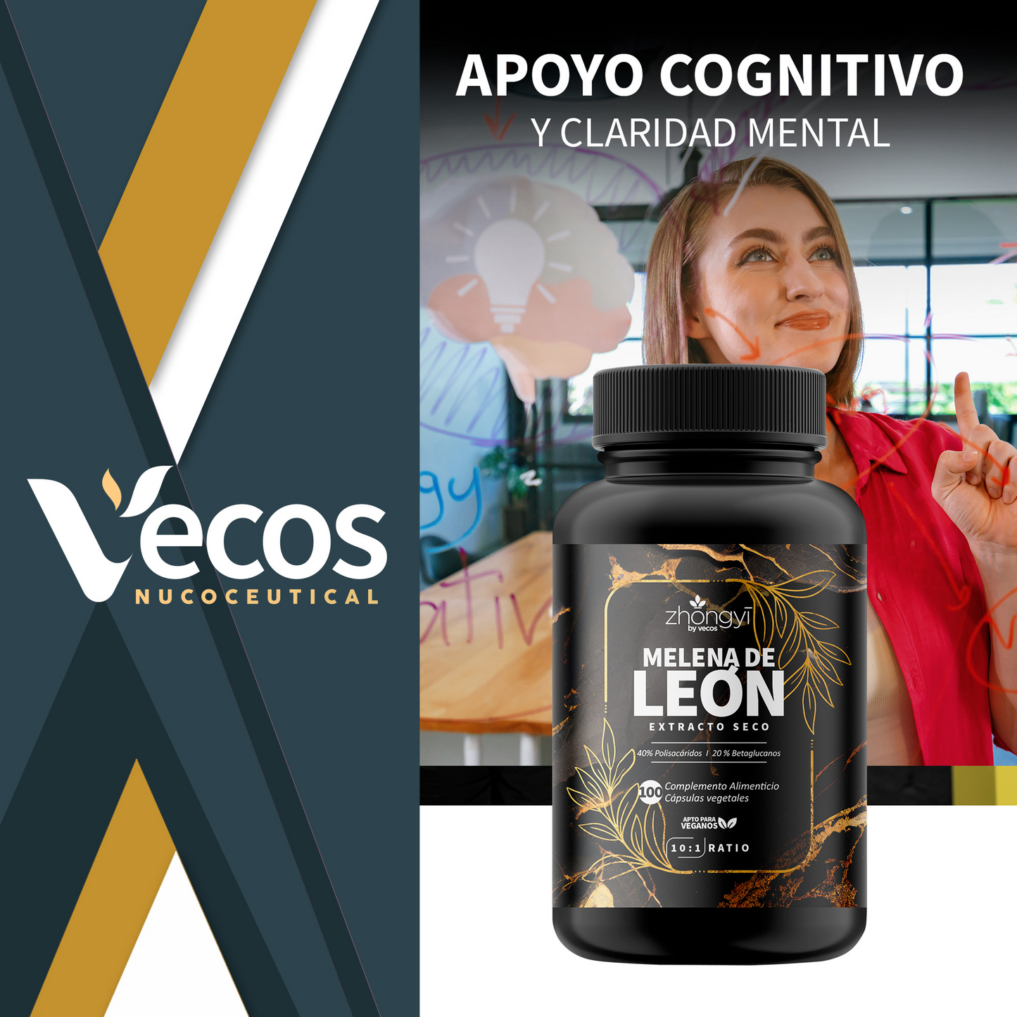 Melena De León 10:1 Vecos 100 Cápsulas | Enfoque Y Claridad Mental | Extracto De 40% + 20% Beta-glucanos_1