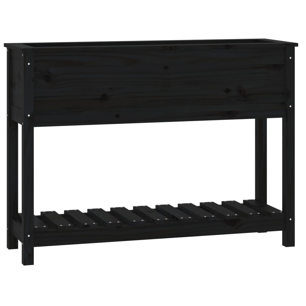 Jardinera Con Estante Madera Maciza Pino Negro 111,5x34,5x81 Cm_0