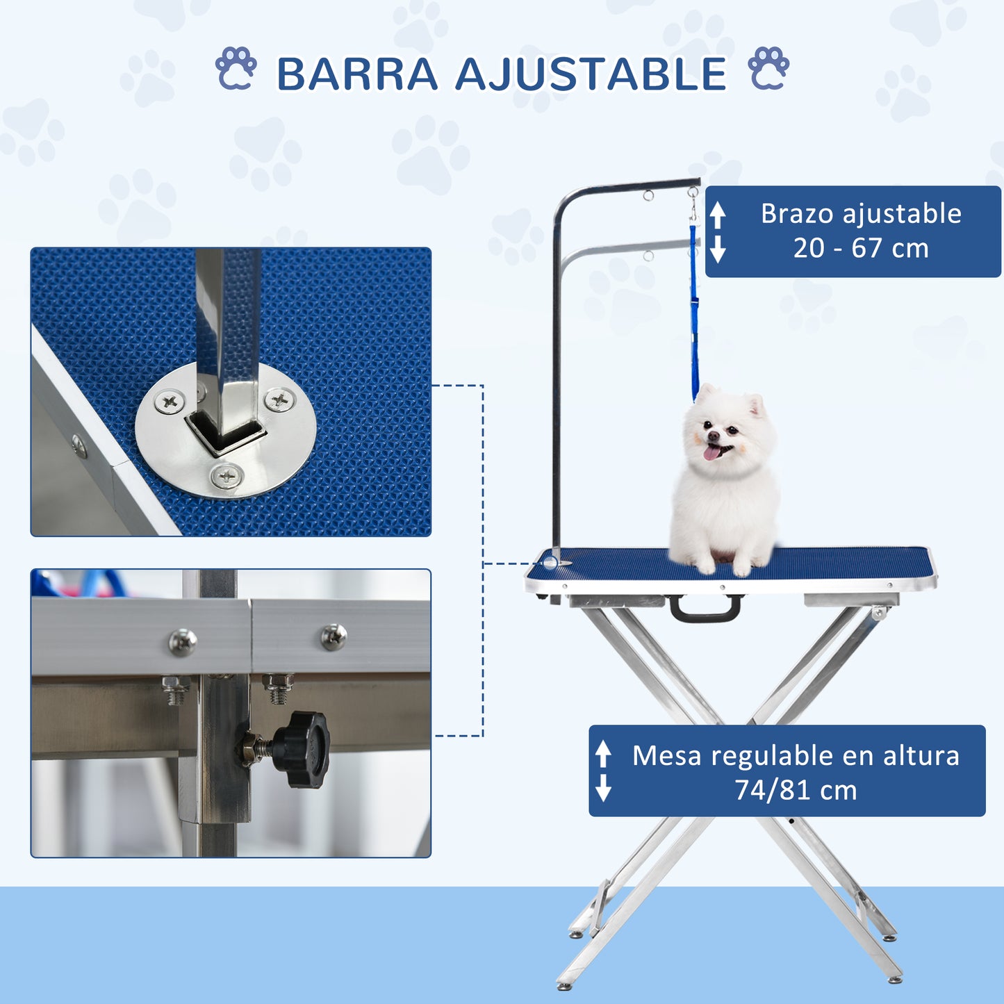 Pawhut Mesa De Peluquería Para Mascotas Con Patas Plegable 72x45x74-81 Cm Azul_3