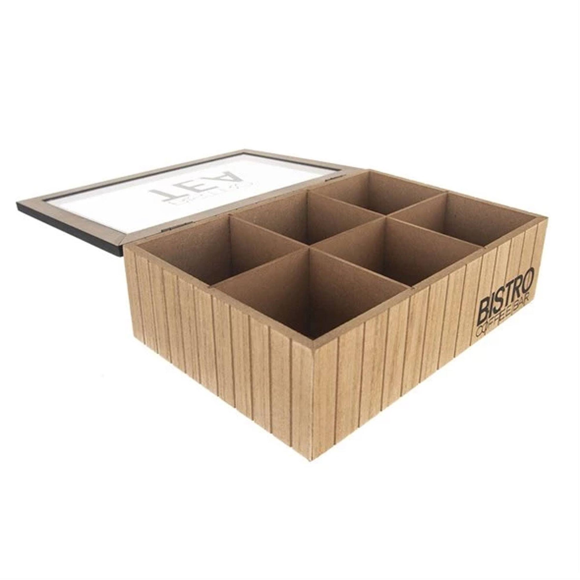 Well Home Caja De Té Con 6 Compartimentos De Diseño Bistro En Mdf Con Tapa De Cristal  24x16,5x7,5cm_2