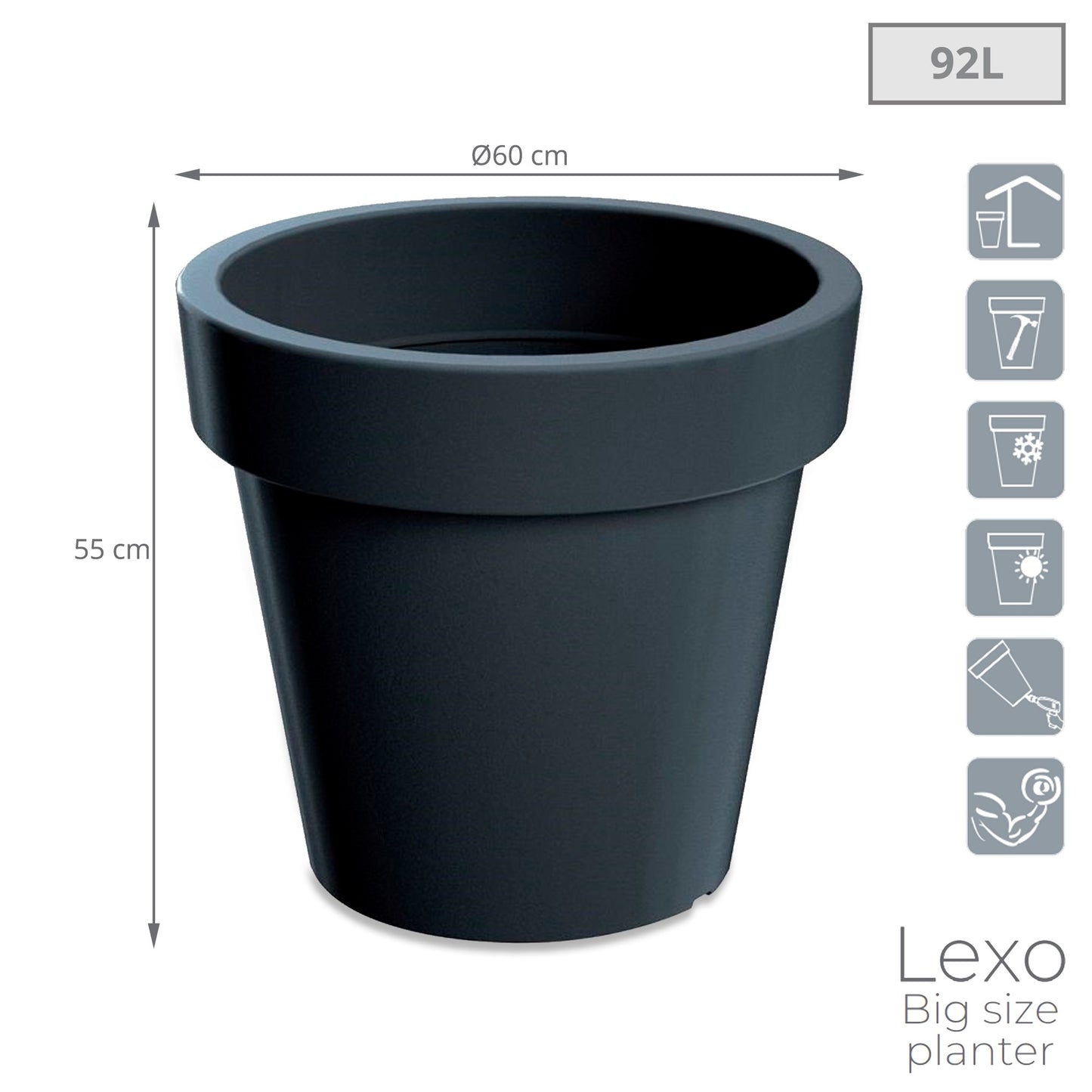 Maceta Lexo Round 92l., Dimensiones (mm) 600x600x550, Color Antracita_2