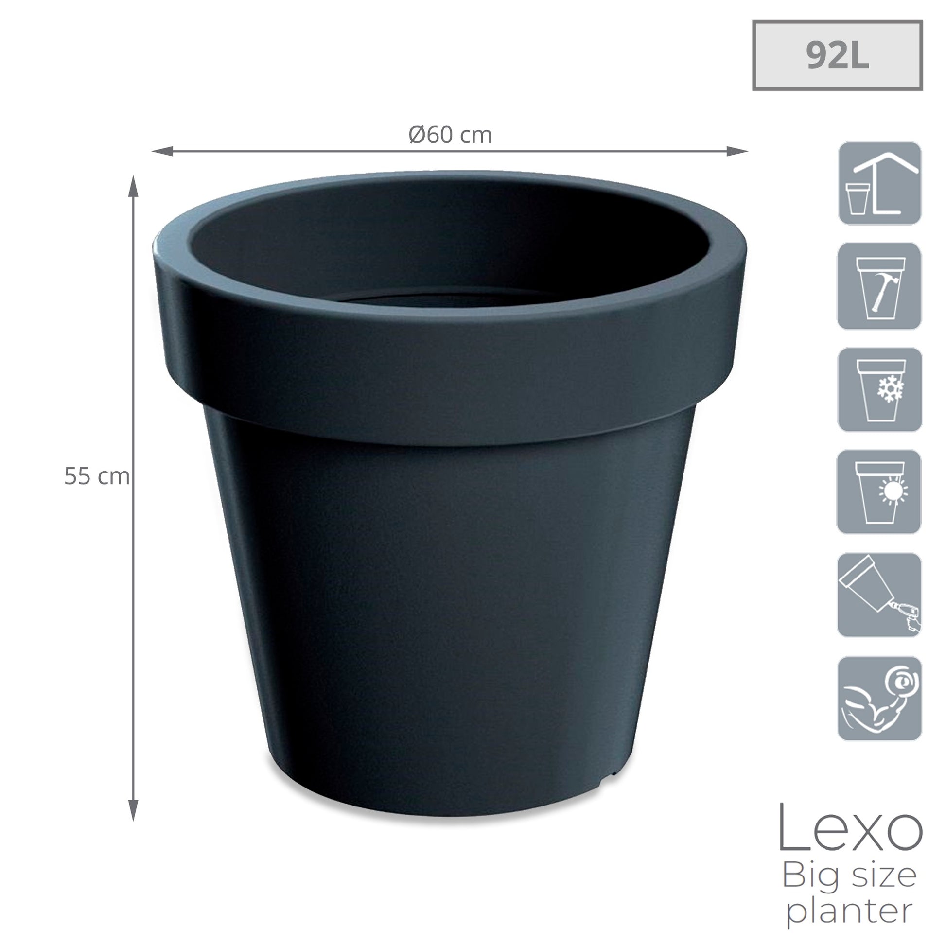 Maceta Lexo Round 92l., Dimensiones (mm) 600x600x550, Color Antracita_2