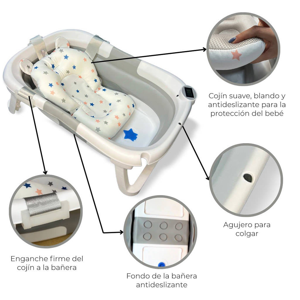 Bañera Bebé Plegable Con Termómetro, Cojín Antideslizante, Patas Antideslizantes, Gris Oasis Bathby_3