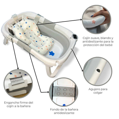Bañera Bebé Plegable Con Termómetro, Cojín Antideslizante, Patas Antideslizantes, Gris Oasis Bathby_3