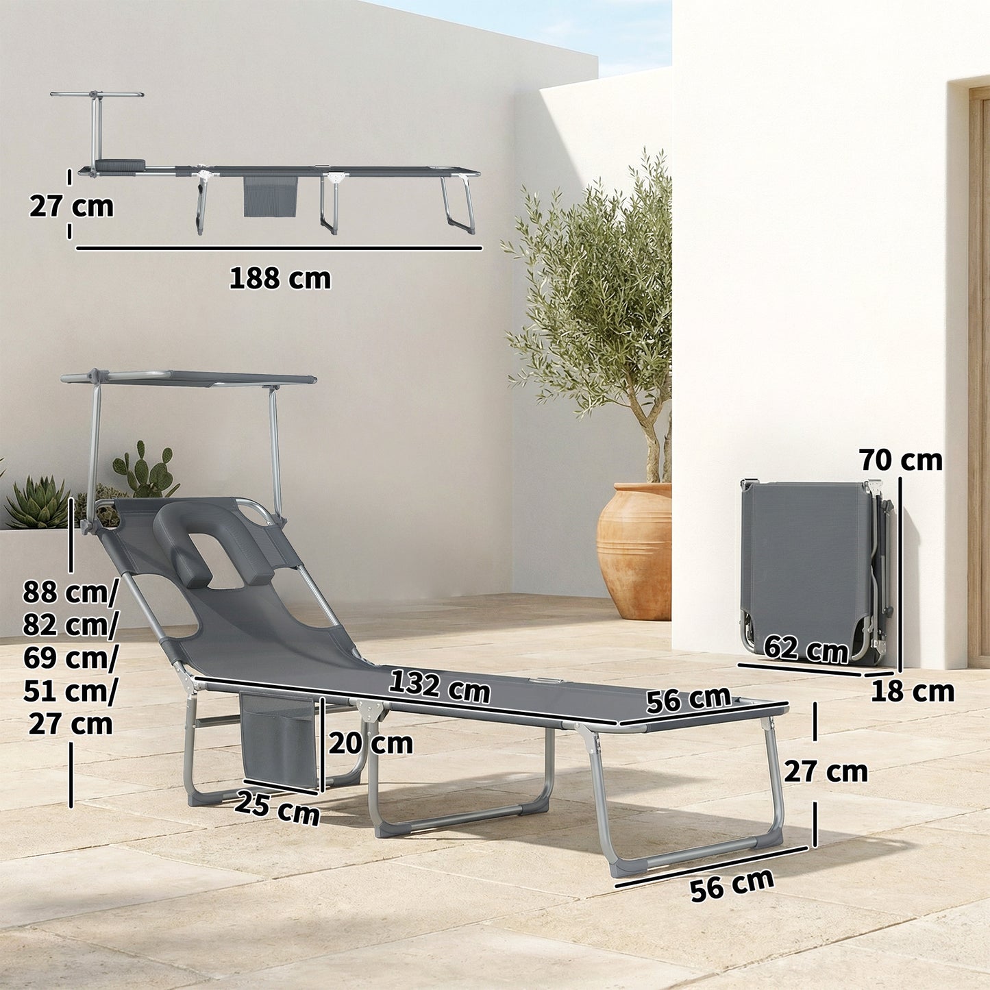 Outsunny Set De 2 Tumbonas Plegables Reclinables Con Dosel 360° Orificio Facial_2