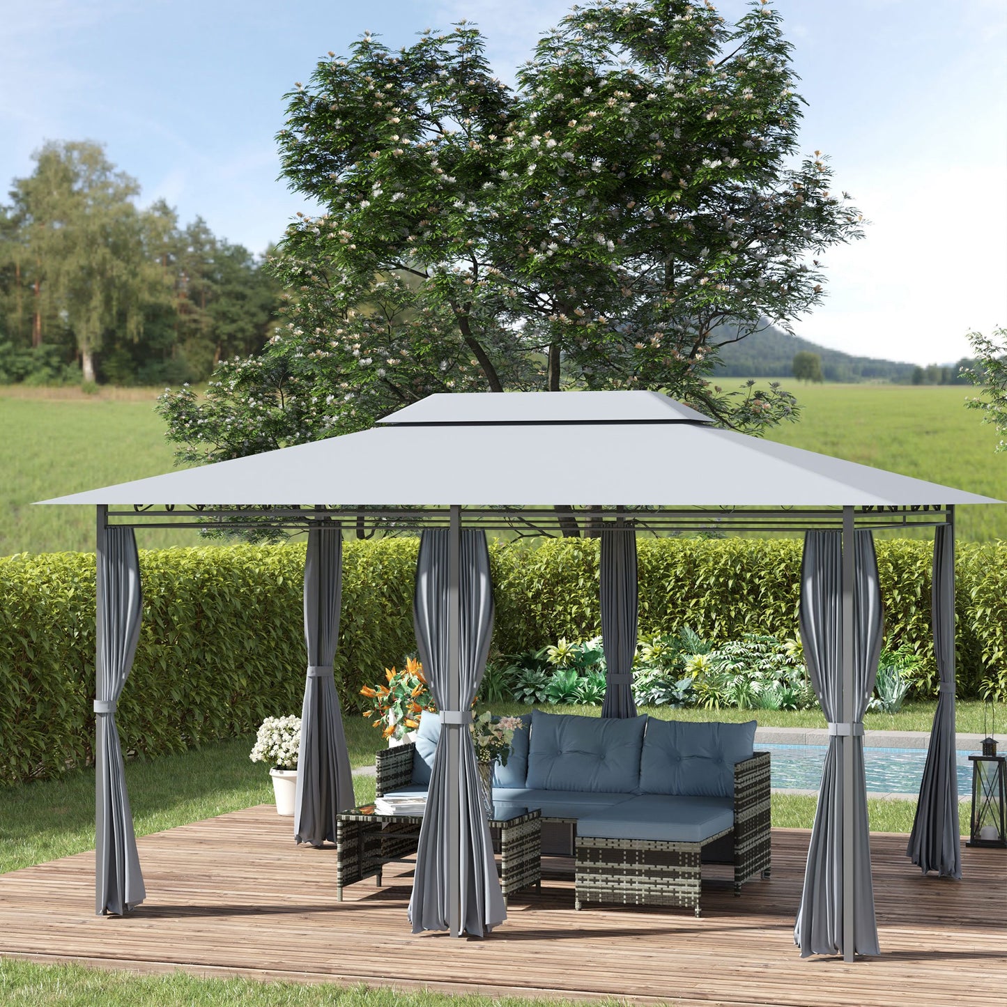 Outsunny Cenador De Jardín 3x4 M Con Paredes Laterales Doble Techo Gris_1