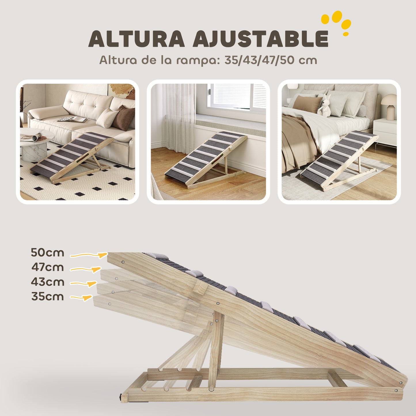 Pawhut Rampa Para Perros De Madera Plegable Altura Ajustable 35-50 Cm 100x50 Cm_5