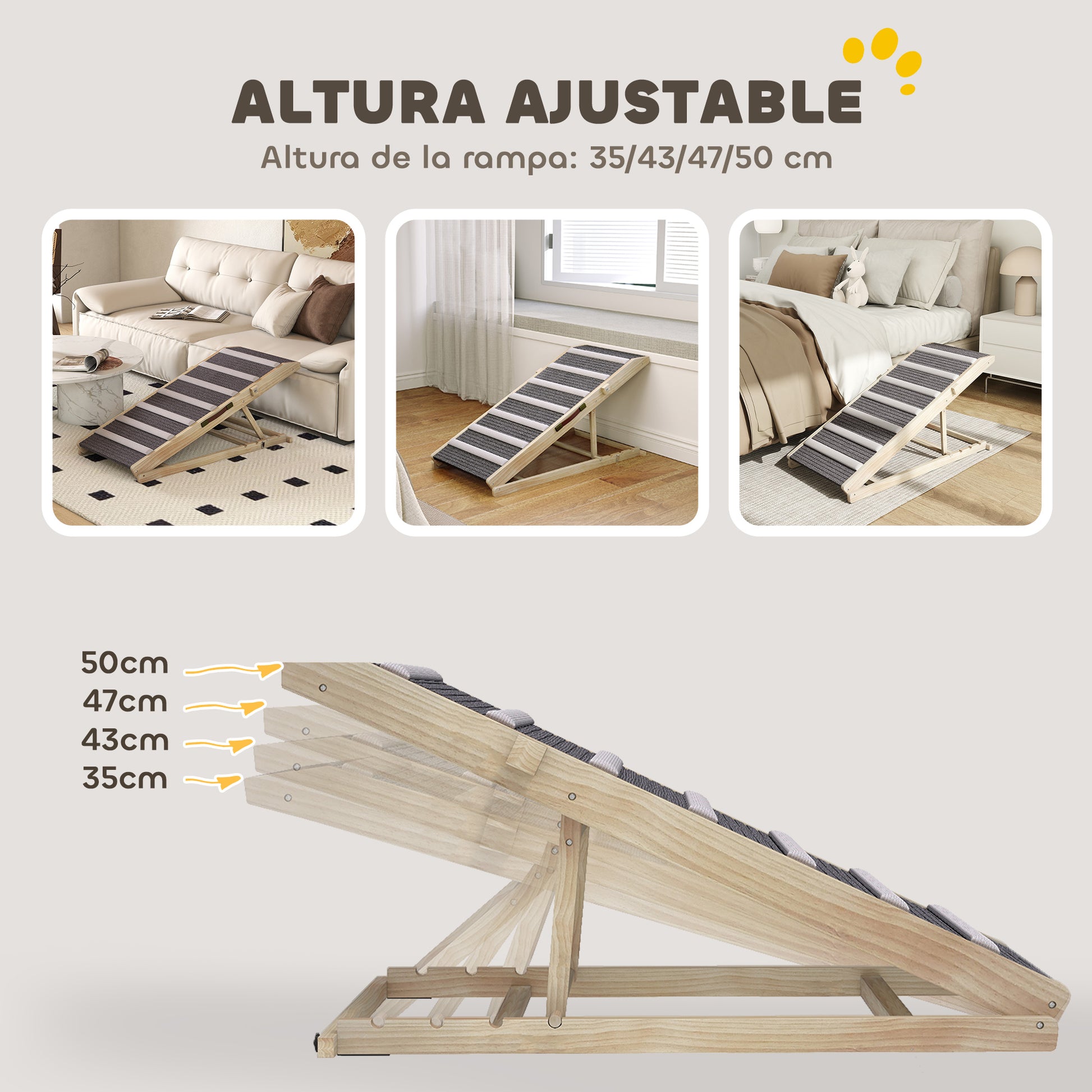 Pawhut Rampa Para Perros De Madera Plegable Altura Ajustable 35-50 Cm 100x50 Cm_5