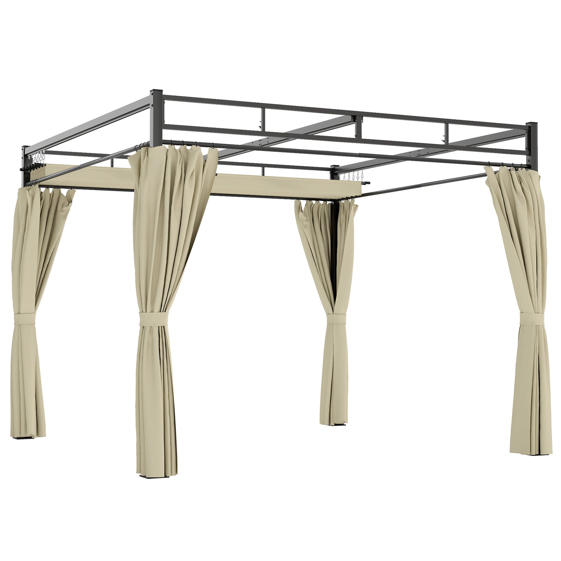 Outsunny Pérgola De Jardín 3x3 M Con Techo Retráctil Y Cortinas Anti-uv Beige_0