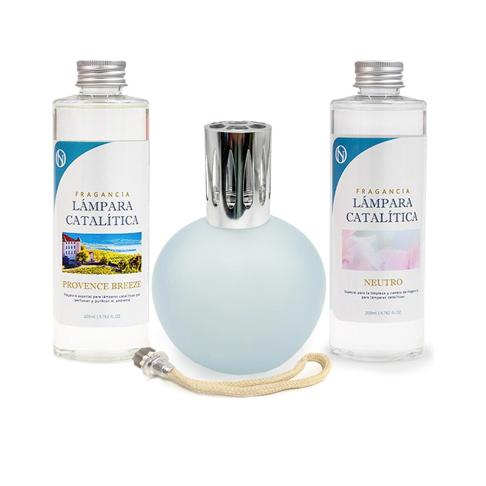 Pack Lámpara Catalítica Azul Grisáceo Mate + Fragancia Provence Breeze 500ml + Limpiador Neutro 200ml + Mecha Repuesto_0