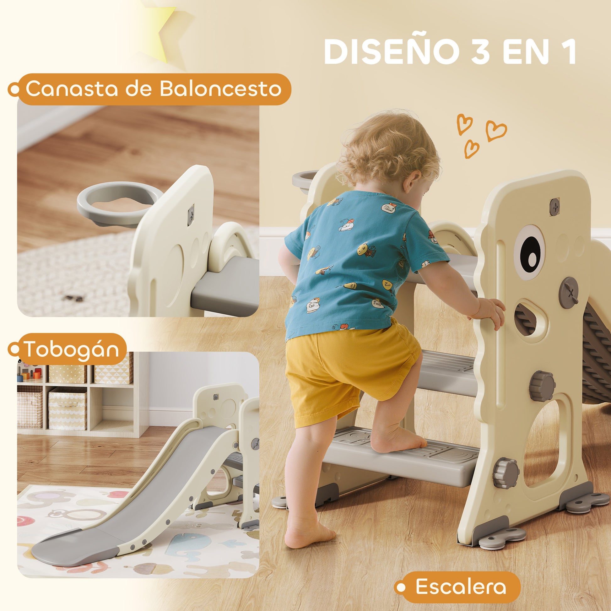 Aiyaplay Tobogán Infantil 3 En 1 Con Canasta De Baloncesto 146x52x65 Cm Crema_4