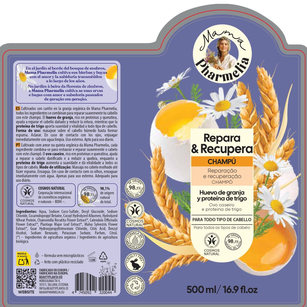 Champú Repara y Recupera con  Huevo de Granja y Proteína de Trigo, Mama Pharmelia, 500 ml
