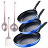 Set 3pc Sarten (16+20+24cm) Aluminio Prensado, Inducción, Azul Navy Paradise Con Set 3 Pc Utensilios Cocina Acero Inoxidable