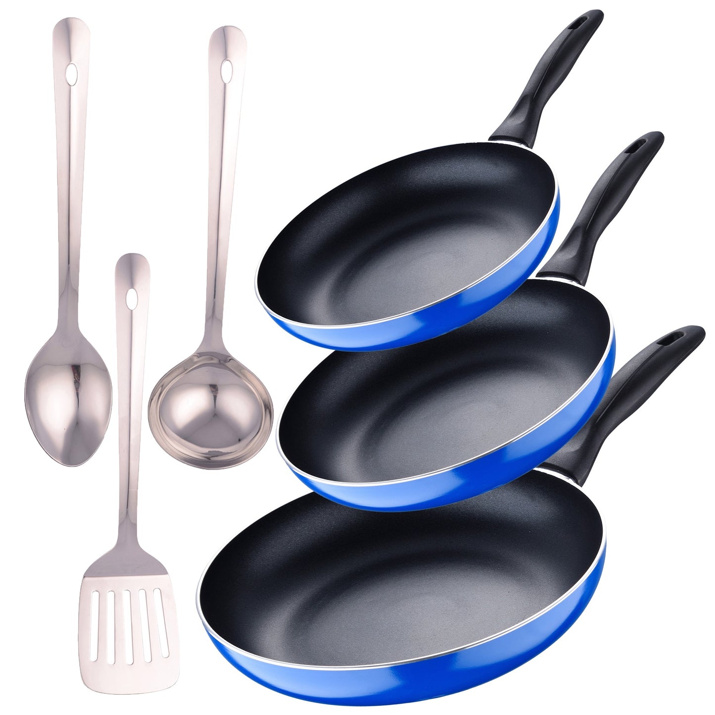 Set 3pc Sarten (16+20+24cm) Aluminio Prensado, Inducción, Azul Navy Paradise Con Set 3 Pc Utensilios Cocina Acero Inoxidable_0