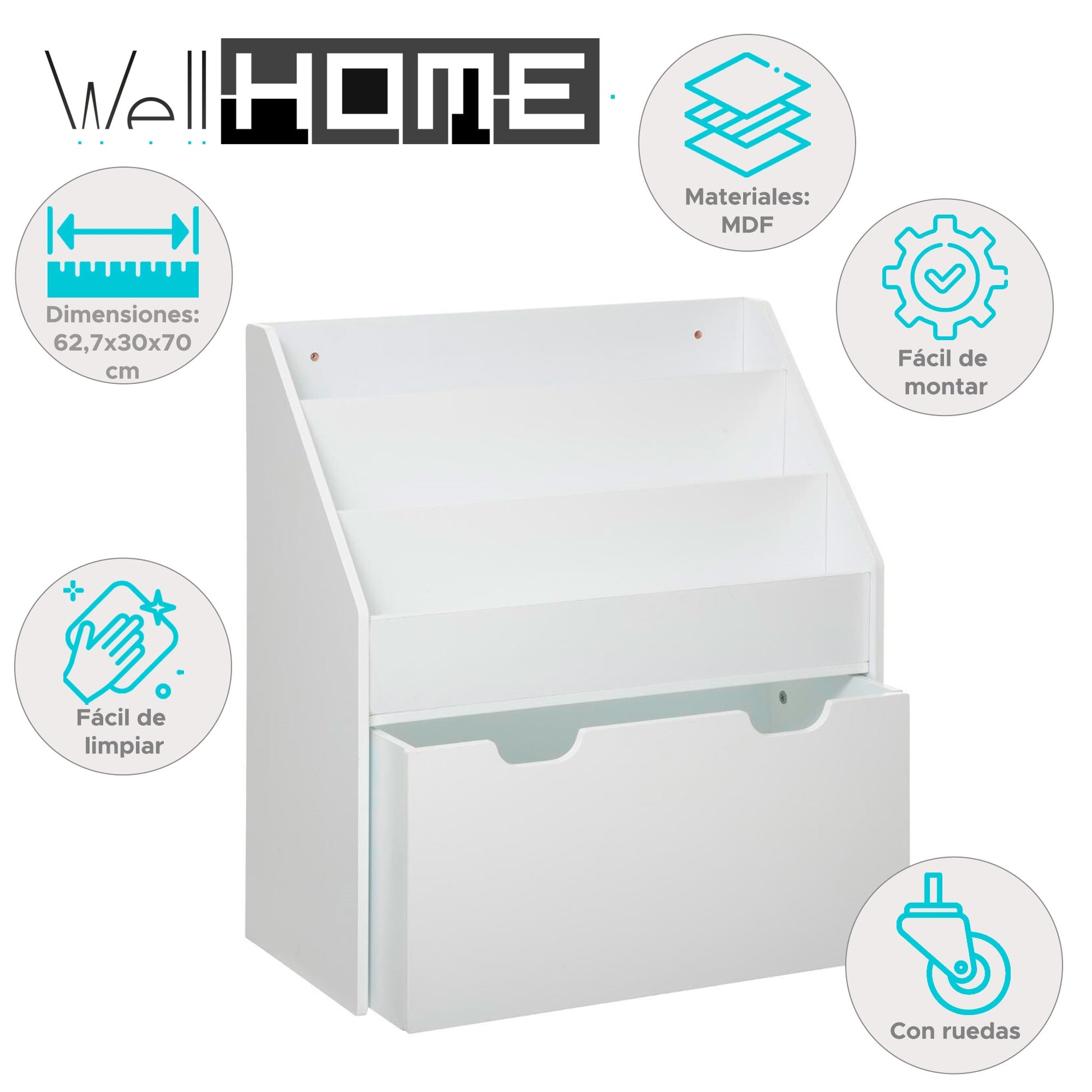 Well Home Librería Infantil Y Bandeja Con Ruedas 62,7x30x70cm